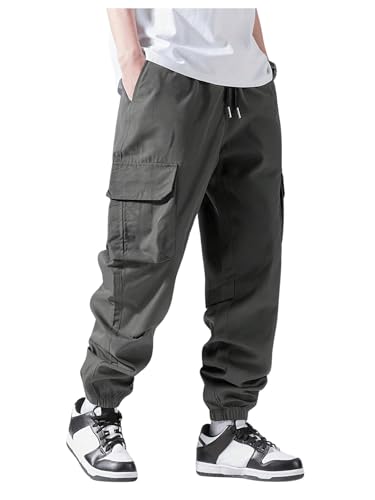 Verdusa Men's Cargo Pants Elastic Wasit Workout Joggers Tactical Pro Club Sweat Bottoms with Pockets