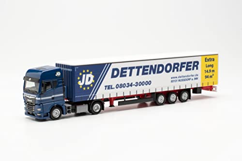 herpa 315920 TGX Gardinpresenning, sadeltåg 15 m "Dettendorfer", originaltrogen skala 1:87, modell lastbil för diorama, modellbygge samlarobjekt, dekorativa miniatyrmodeller av plast, flerfärgad