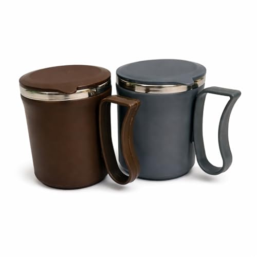 Image of Insulated Stainless Steel Coffee Mug with Lid, 300ml, Double Wall, Reusable Travel Mug for Home & Office (Brown - Gray)