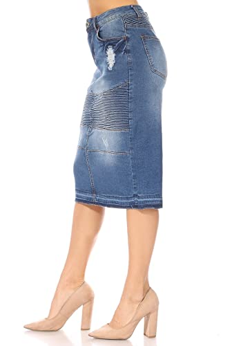 Fashion2Love Women's Juniors/Plus Size Middle - Length Stretch Denim Distressed Pencil Moto Skirt (79008)2