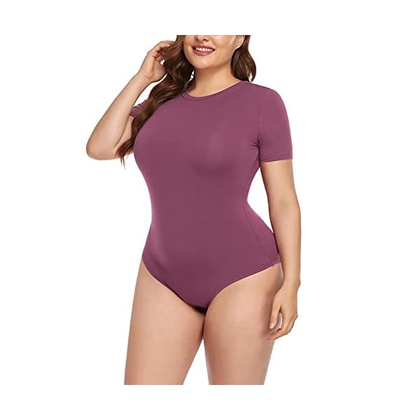 POSESHE-Womens-Plus-Size-Crew-Neck-Round-Neck-Short-Sleeves-Slim-Fit-Casual-Basic-Extender-Bodysuit-Daily-Jumpsuit-T-Shirts POSESHE Women's Plus Size Summer Round Neck Short Sleeve T Shirts Basic Bodysuits Mauve XX-Large
