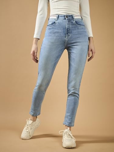 Image of Miss Chase Women's Skinny High Rise Cropped Fringed Hemline Detailing Stretchable Denim Jeans