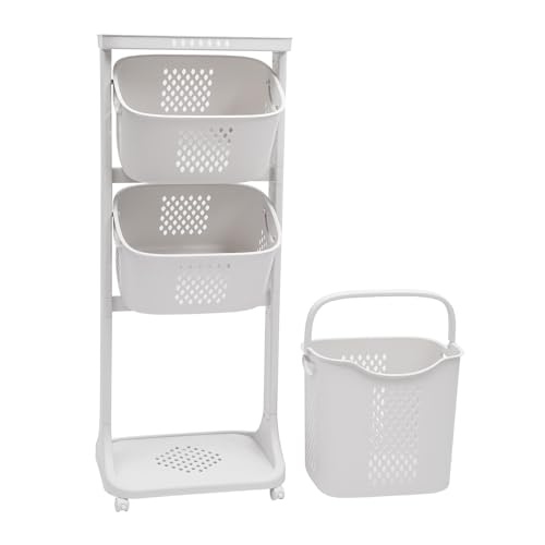 BENTFL 3 Layers Laundry Basket, Sorter Washing Laundry Hamper with 4 Wheels, Movable Clothes Storage Organizer, Laundry Room Organization, Rolling Cart for Bathrooms Bedrooms(White)
