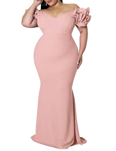 Image of Ekaliy Women's Plus Size Maxi Dress Elegant V-Neck Ruffle Sleeves Bodycon Mermaid Evening Gown