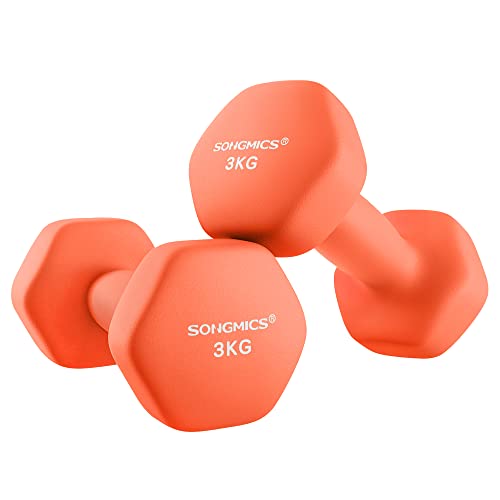 SONGMICS - Set of 2 Dumbbells 2 x 3 kg Hex Dumbbells Neoprene Coated Dumbbell for Strength Training Fitness Home Papaya Orange SYL906O01