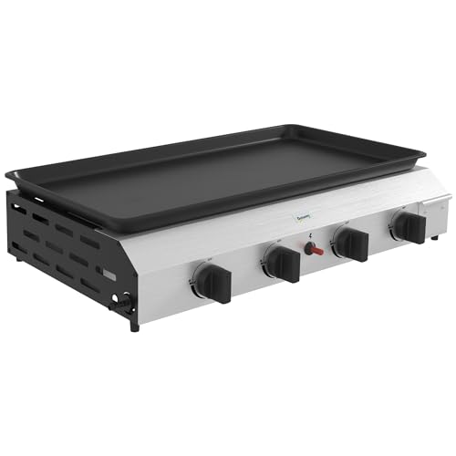 Outsunny - Plancha de gas (acero inoxidable, esmaltado, 4 quemadores, 9,6 kW antiadherente, gran superficie de cocción, 73 x 34 cm, transportable