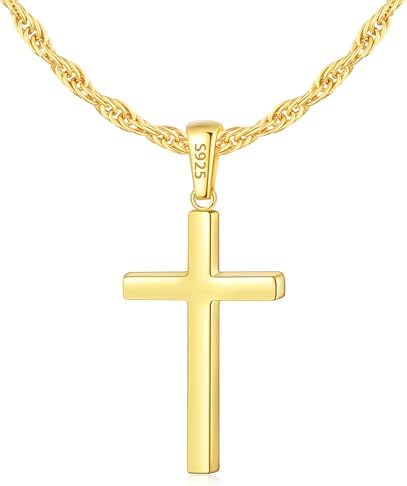 925 Sterling Silver Cross Necklace for Men, 18k Gold Plated Sterling Silver Cross Necklace with 2.5mm Top Craftsmanship Rope Chain for Men Boys Women, Sturdy Shiny Non Tarnish 16-26 Inch