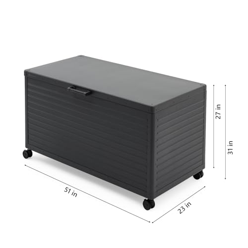 Image of MIRADOR 134 Gallon Outdoor Storage Box with Wheels & Soft-Close Lid, Waterproof Metal Deck Box for Patio Cushions, Garden Tools & Pool Accessories, Charcoal