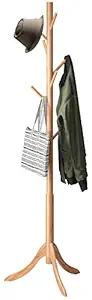 Bamboo Wood Coat Rack Stand, Freestanding Coat Tree with 8 Hooks, Hallway Entryway Hat Hanger Organizer Standing for Bedroom, Office, Clothes, Jackets, Bags, Umbrallas