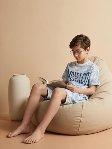 Image of Li'l Tomatoes Boys 100% Cotton Night Suit Set | Half Sleeve T-Shirt & Shorts | Color Block & Typography Print | Soft & Breathable Sleepwear | Casual Summer Wear | 9-16 Years