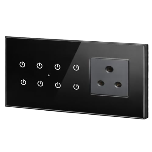 Image of Smarteefi WiFi Glass Touch Smart Switch Board| Toughened Glass | 8 Ports (7 Switch + 1 Socket), Guaranteed Schedules| Compatible with Alexa, Google Home (Black, TS81-6M-220mmx90mmx40mm)