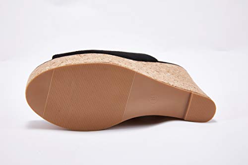 Laicigo Womens Wedge Platform Slide On Sandals Open Toe Cork Faux Suede Dress Summer Slippers Shoes (7 B(M) Us, Black) #TOP7