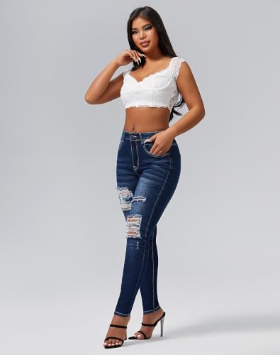 Image of roswear Women's Essentials Ripped Mid Rise Destroyed Skinny Jeans