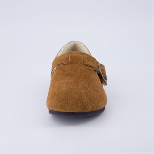 Image of CUSHIONAIRE Women's Nest Genuine Suede Slip-On Shoe with Faux Shearling Lining & Memory Foam | Adjustable Buckle & Non-Slip Sole