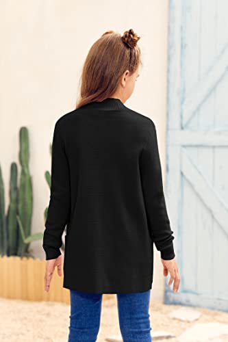 Knitswegan Girls Long Sleeve Casual Cardigan Kids Open Front Soft Knit Oversized Sweater With Pockets Black #TOP1