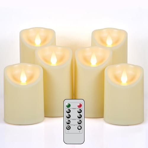 Image of GenSwin Flameless Candles with Remote Timer, 6Pcs Ivory Indoor LED Battery Operated Candles, Won't Melt, Plastic Pillar Candle with 3D Wick for Home Party Decor Table Centerpieces(D3 inch x H4 inch5 inch6 inch)