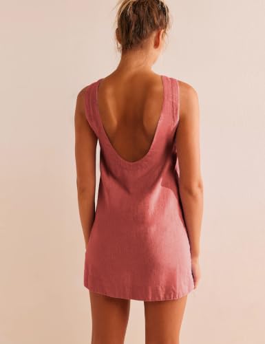 Image of VIUTIL Womens Summer Linen Mini Dress Boat Neck Low Back Sleeveless Tank Dresses with Pockets 2026 Vacation Outfits