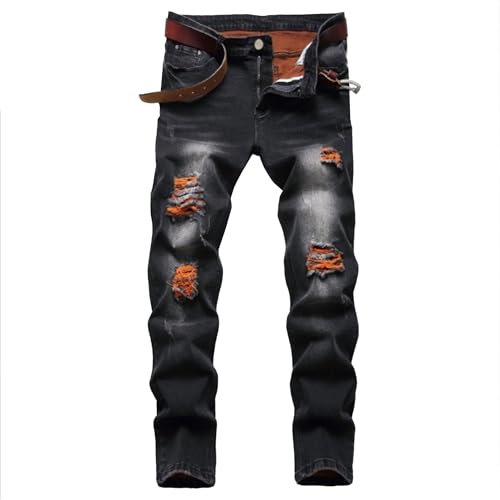 Men's Ripped Slim Fit Stretch Jeans Straight Leg Skinny Fashion Flex Waist Denim Pants