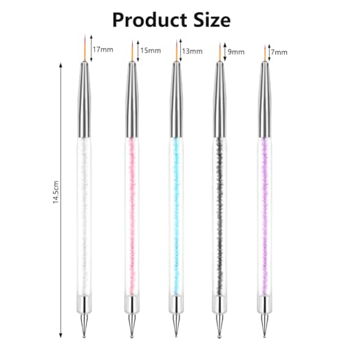 Doubel Ended Nail Art Brushes, 5PCS Nail Design Brushes, Point Drill Drawing Painting Tools Set, Dotting Pen Tools, Drill-Drawing Liner Nails Brush Pen for DIY nails-art Designs (5 Colors) - Image 3