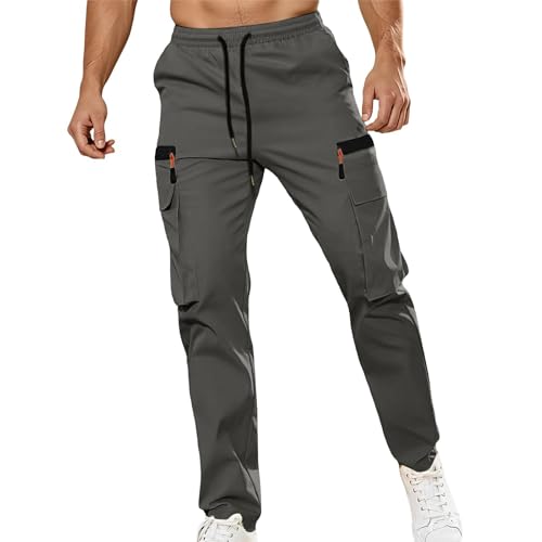 Cargo Pants for Men Relaxed Fit Joggers Pant Elastic Waist Drawstring Straight Pants with Zipper Pockets - Main Image
