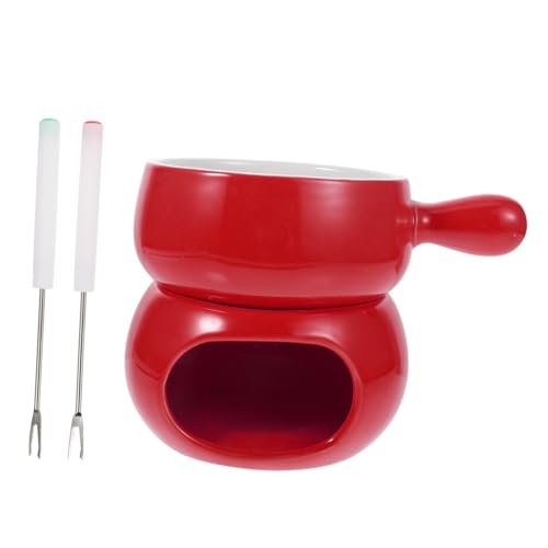 VALICLUD Fondue Cerámico para Queso y Chocolate con Base Roja Olla con Mango Ergonómico y Tenedores Resistente y Fácil de Usar para Repostería y Tapas