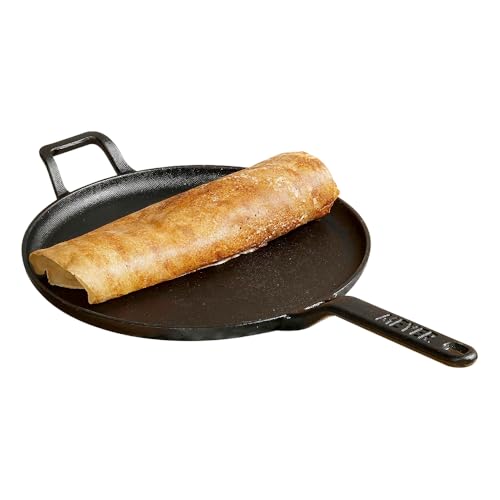 Image of Meyer Pre-Seasoned Cast Iron Flat Dosa /Roti /Chapati Tawa Pan with Stick Handle, Dosa Kallu, Iron Tawa Small Size, Gas and Induction Compatible | 24cm, Black