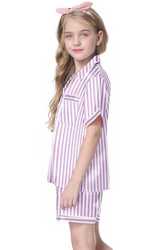 Image of Schbbbta Girls Womens Pajamas, Satin Silky Pjs Set Kids 2Pcs Button-Down Nightwear Sleepwear Gift for Mommy and me