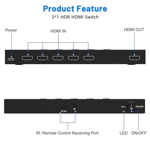 Image of 4K@60Hz 5 in 1 Out HDMI Switch, 5 Port HDMI Switcher Selector Support HDR10 & HDCP 2.2 & Full 3D with IR Remote Control and ON /Off Switch for Nintendo Switch,Xbox PS5 /PS4,Fire Stick,Roku,Apple TV
