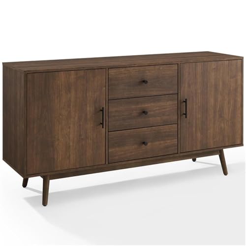 Pemberly Row 3-Drawer Mid-Century Wood Sideboard Buffet Cabinet, 58" W x 15.75" D x 30" H, Brown Finish, Adjustable Shelves, Metal Hardware, Dining Room Storage or Media Console for Modern Farmhouse