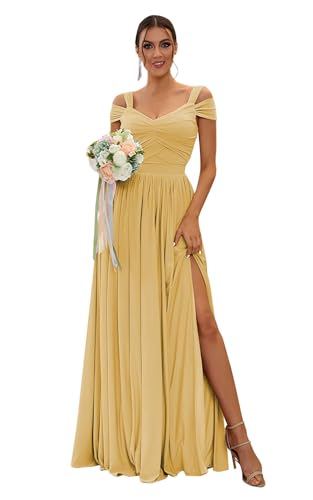 Image of SOLODISH Off The Shoulder Bridesmaid Dresses Long Chiffon Formal Evening Dresses for Women