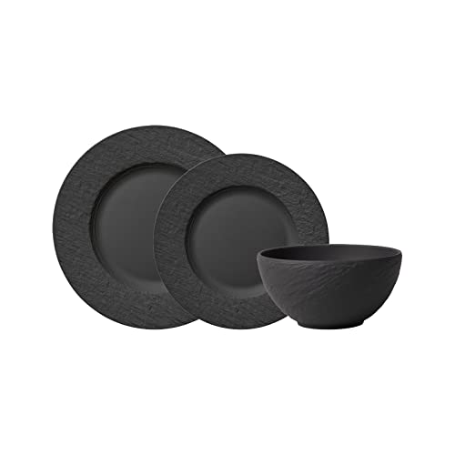 Villeroy & Boch Manufacture Rock Teller-Set 12-teilig, Schwarz, Tafelservice für 4 Personen, Speiseteller ø 27 cm/Frühstücksteller ø 22 cm/Bol ø 14 cm, Premium Porzellan, Schiefer-Optik