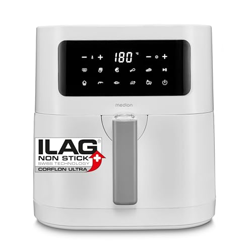 MEDION E40 XL Heißluftfritteuse (5,2 Liter Frittierkorb, 2.150 Watt, 9 Automatikprogramme, Backfunktion, ölfreies Frittieren, Touch Bedienfeld, LED Anzeige) weiß