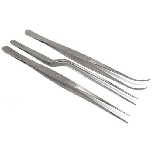 Set of 3 Precision Tweezers Set includes Offset Bayonet Handle Forceps with Straight & Curved Fine Serrated Tips Multifunction Stainless Steel Lab Supplies Kit (12