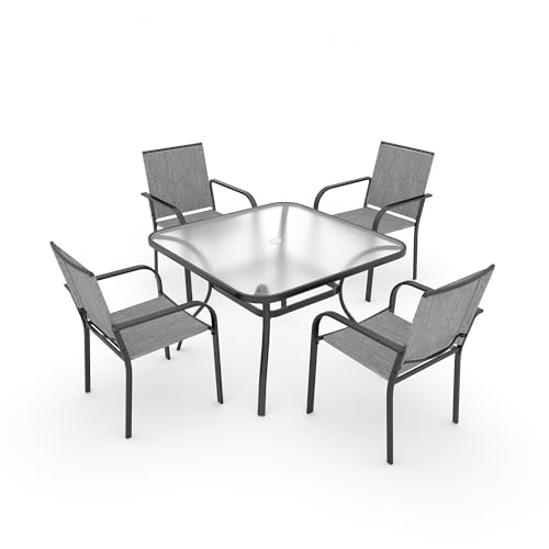Image of Anmutig 5-Piece Outdoor Patio Dining Set 37-Inch Square Glass Table with 4 Stackable Chairs for Lawn Backyard and Deck, Grey