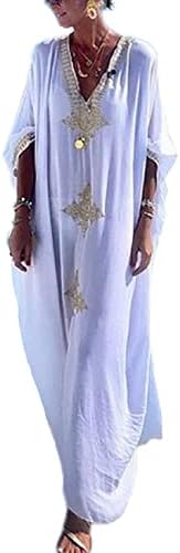 Bsubseach Gold Embroidery Long Kaftan Dresses V Neck Caftan Dress Beach Cover Ups for Women White
