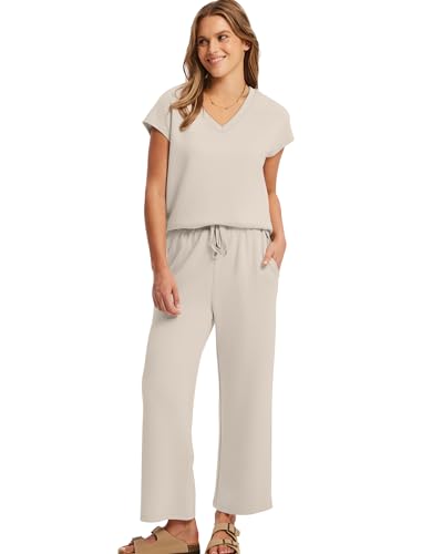 Image of Saloogoe Two Piece Sets for Women Summer Outfits Lounge Sets V Neck Tops Wide Leg Pants Woman Vacation Travel Outfits