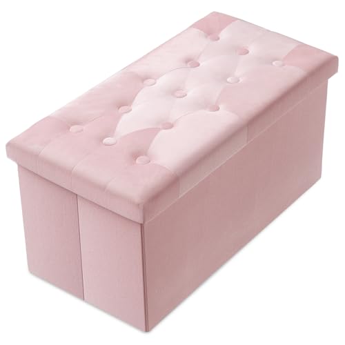 PRANDOM Extra Large Ottoman Storage Bench with Faux Leather Folding Small Square Foot Stool with Lid for Living Room Bedroom Coffee Table Dorm Toy Pink 30.5x15x15 inches