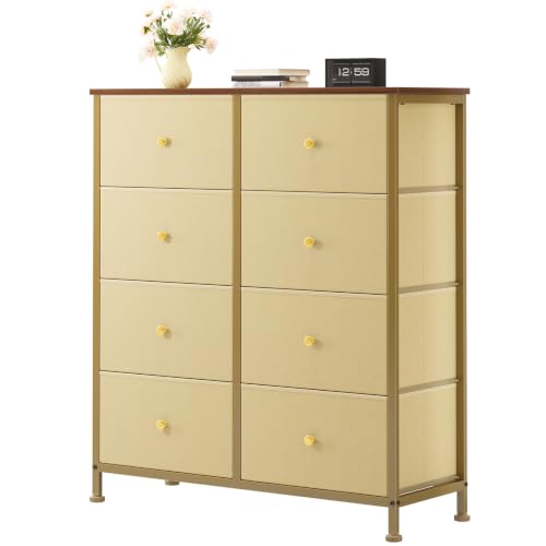 Image of OLIXIS 8 Drawer Storage Dresser for Bedroom, Closet Organizers Units, Khaki | Fabric Dresser with Wooden Top, Chest of Drawers Clothes Storage, Tower Cabinet, TV Stand Furniture