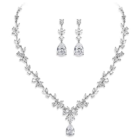 Crysdue Cubic Zirconia Wedding Jewelry Set for Women, Floral Leaf Vine Teardrop Necklace Dangle Earrings Set, Elegant Wedding Party Prom Jewelry for Bridal Bridesmaid Cover
