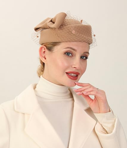 Oridoor British Style Pillbox Hat Women Church Wedding Winter Vintage Fascinator Beret 100% Wool Felt Hat With Veil (001 Khaki) … thumb #1