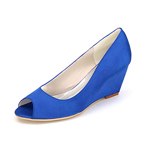 PALHERU Satin Peep Toe Chaussures De Mariage Femmes Confortable Chaussures De Mariée À Talon Compensé Soirée De Mariage Chaussures De Demoiselle d'honneur,Bleu,41 EU Cover