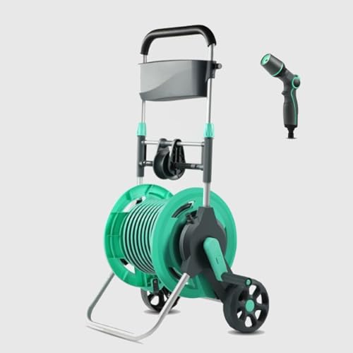 Carrello avvolgitubo portatile con ruote regolabile retrattile per tubo da giardino con guida integrata e raccordi per irrigazione del prato e lavaggio auto (include pistola ad acqua da 3,25 m)