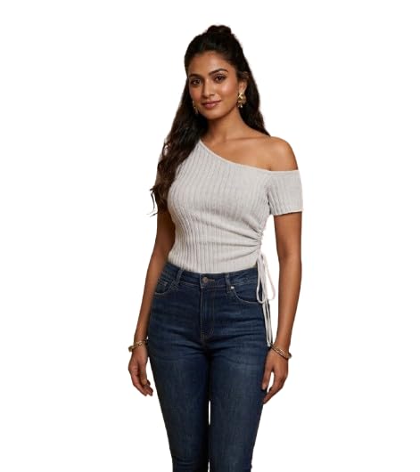 Women One Shoulder Ribbed Top | Stylish Slim Fit Asymmetrical T-Shirt for Girls-picture-27