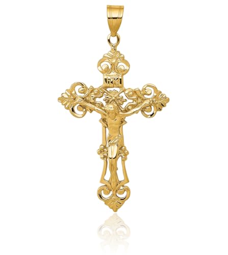 IceCarats 14K Solid Yellow Gold Inri French Fleur De Lis Lily Flower Lord Jesus Christ Crucifix Holy Cross Necklace Religious Chain Pendant Charm3