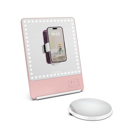 GLAMCOR Riki Skinny Smart Vanity Mirror with HD LEDs, Magnifying Mirror Attachment, Phone Holder and Bluetooth Control (Rose Gold, 5X Magnification)