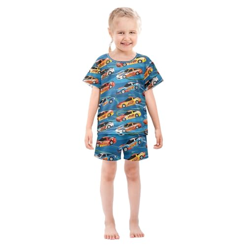ALAZA Racing Car Blue Pajamas Set Short Sleeve Cotton Sleepwear Summer Pjs 2 Piece 5-14Y3