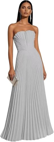 GAGC Silver Satin Bridesmaid Dresses 2026 Strapless Pleated Long Prom Dresses for Women Wedding Guest Dress