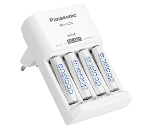Panasonic eneloop Plug Charger BQ-CC51 Round Cell Charger for 2/4 NI-MH Batteries AA/AAA Charger Basic + 4 x AA 1900 mAh Batteries, 52051E40, White