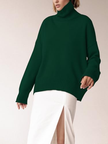 Image of YKR Women's Turtleneck Sweater Chunky Long Sleeve Knitted Pullover High Low Hem Sweater Jumper Top ArmyGreen M