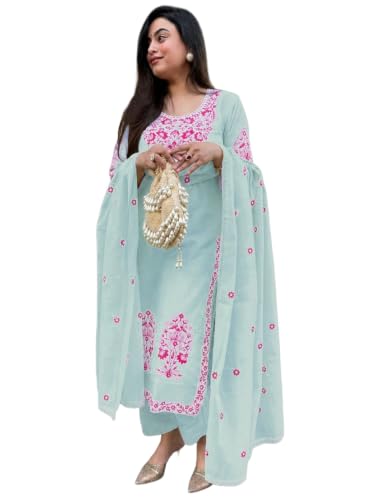 Image of GoSriKi Kurta Sets for Women Viscose Embroidered | Kurta Pant Dupatta Set | Straight Kurti Set for Women | Round Neck 3 /4 Sleeve Ethnic Suit | Designer Indian Kurti Outfit with Pants